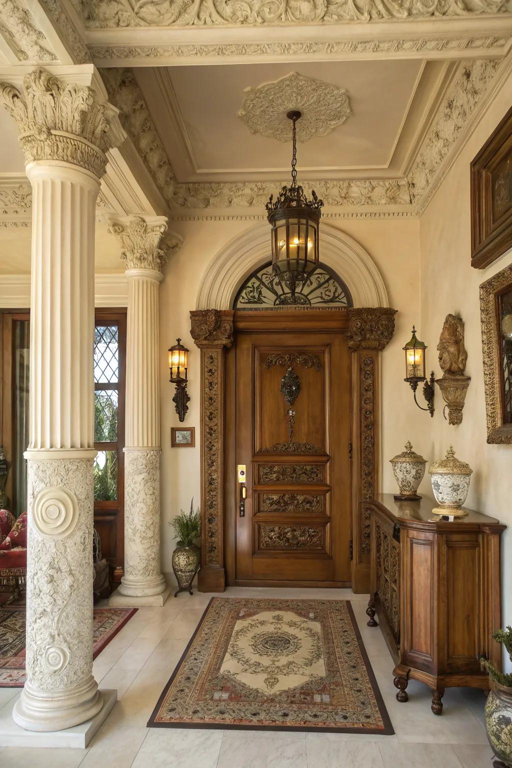 Antique ornaments add personality to this colonial entryway.