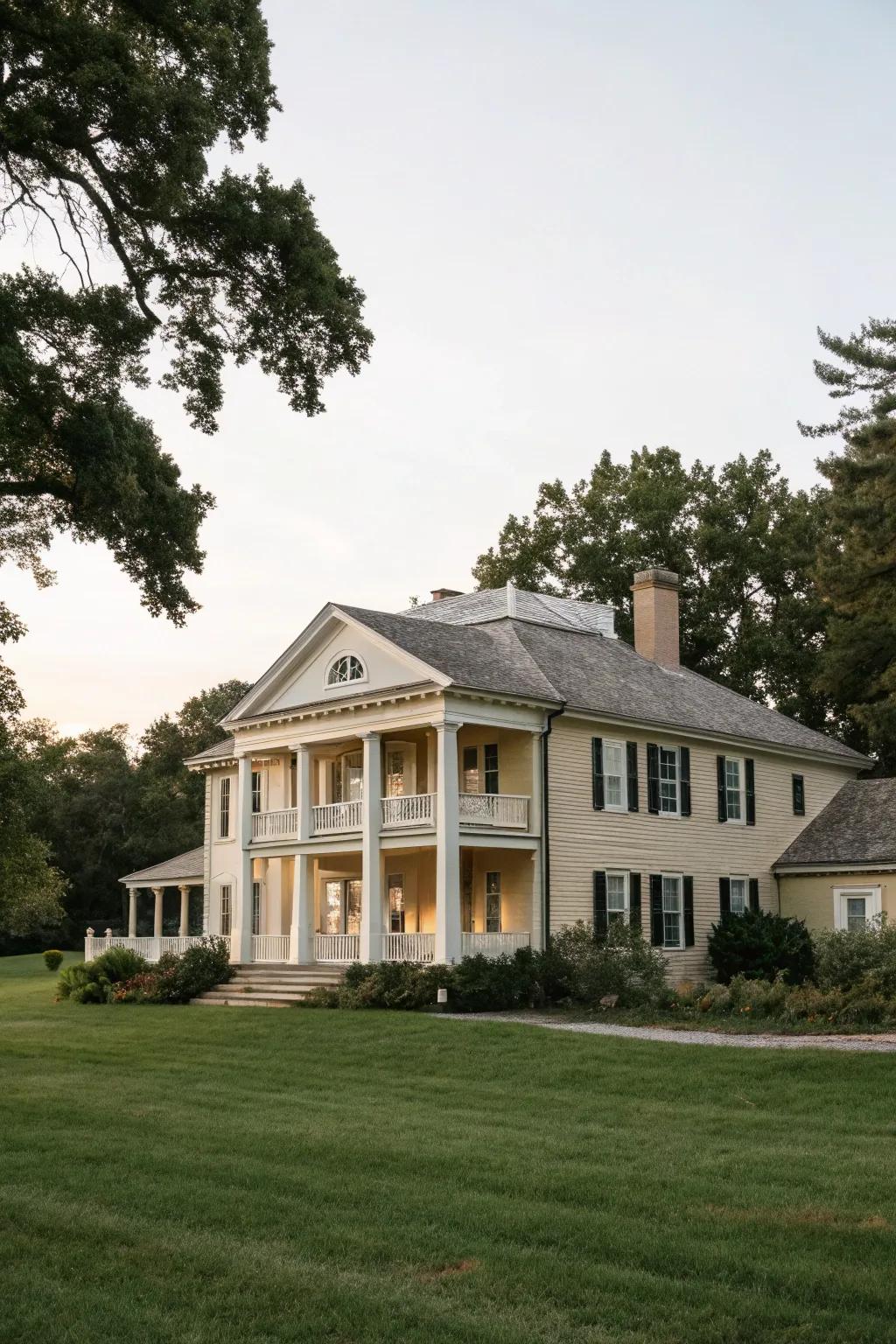 A modern colonial house featuring a fawn facade and off-white trim.