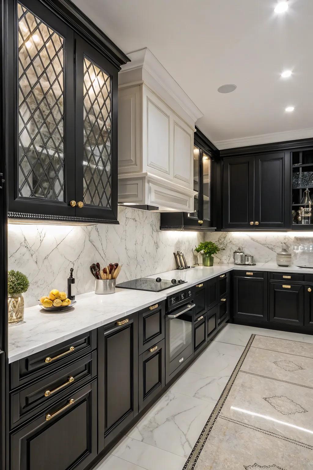 A refined kitchen with a dark and white color scheme highlighting dark cabinets.