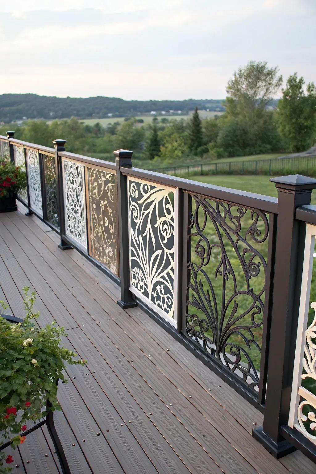 Ornamental panels in surrounds add an artistic touch to your deck.