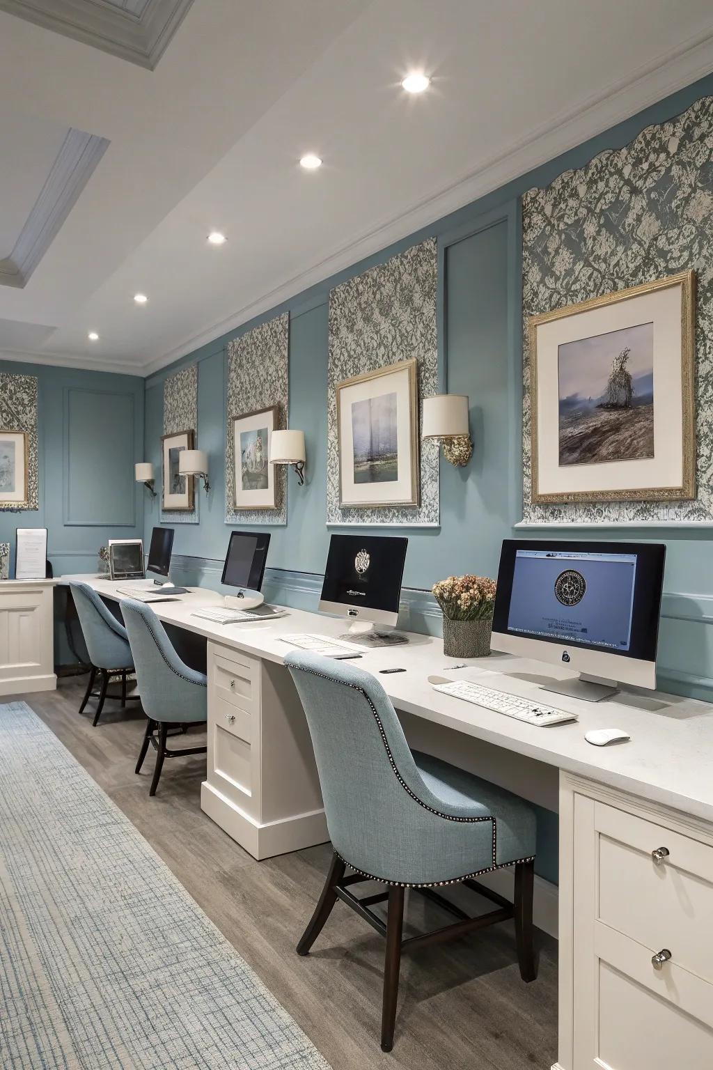 A stylish computer area unified through a thoughtful aesthetic scheme.