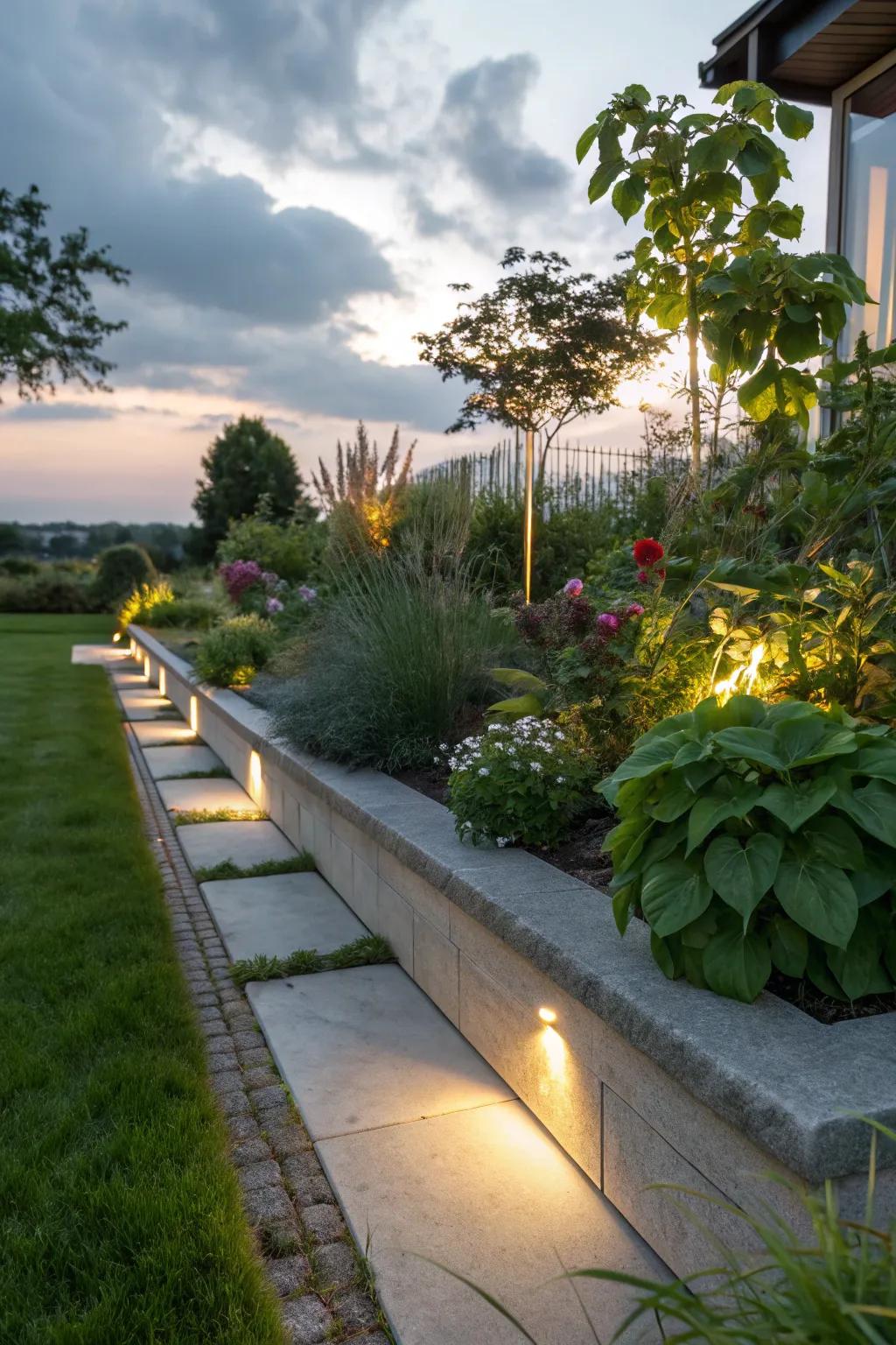 Built-in lighting in concrete edging enhances evening ambiance.