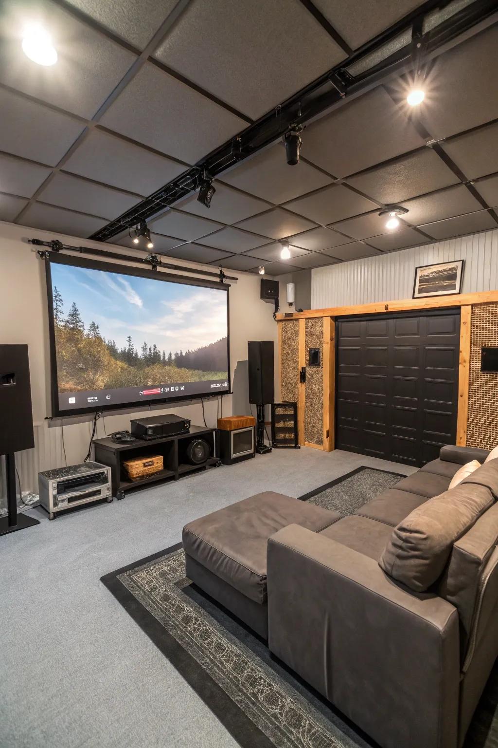 An immersive home theater setup within a garage.