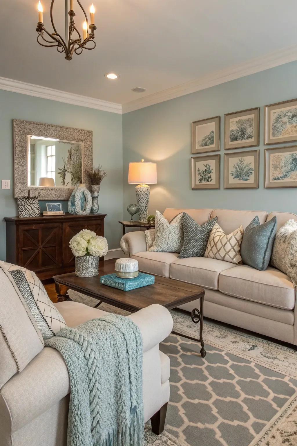 A consistent color scheme brings harmony and cohesion to this living room.