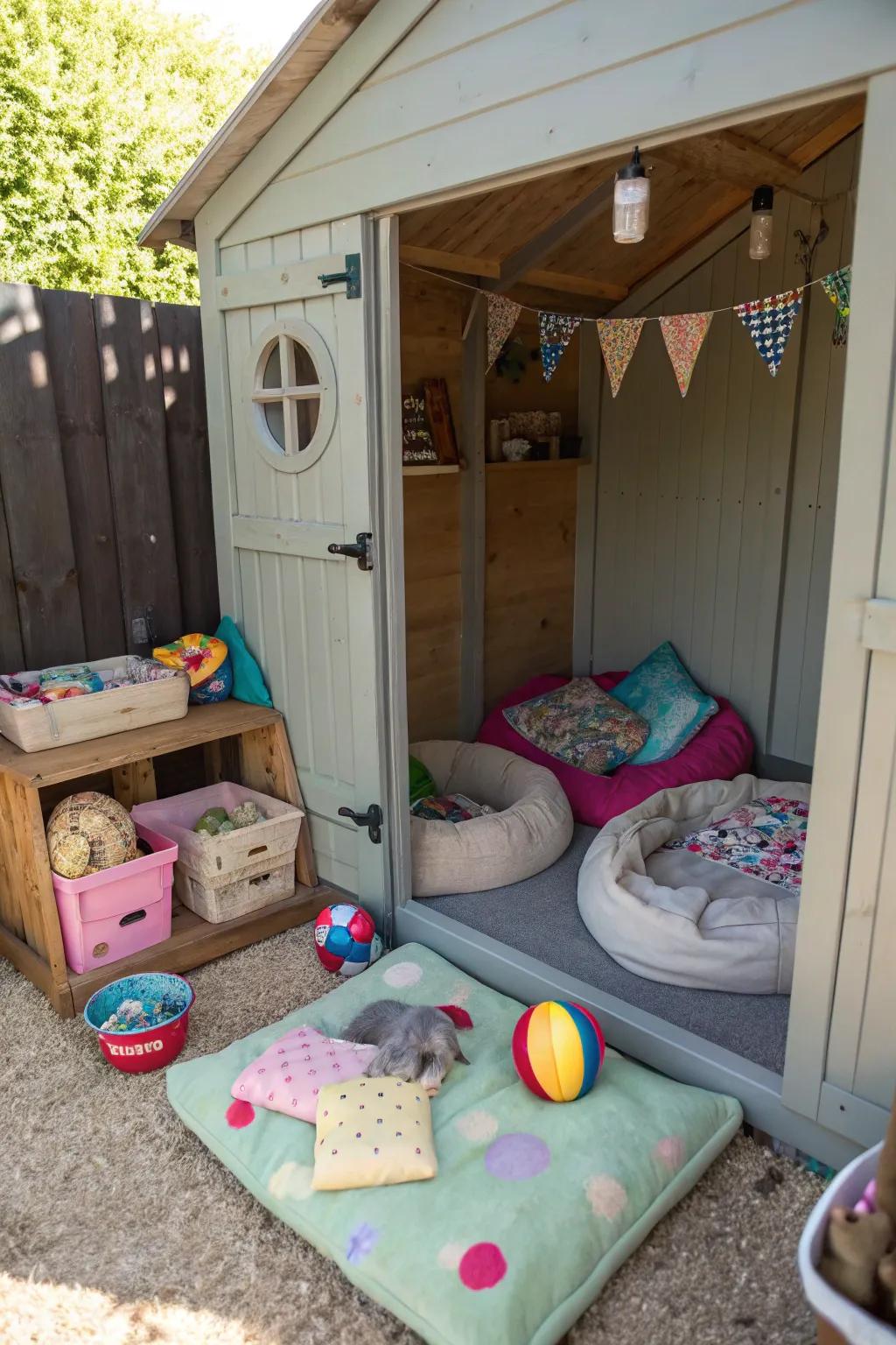 Delight your furry companions with a shed pet-friendly sanctuary.