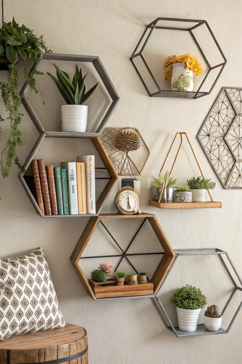 Geometric shelves add a modern twist.