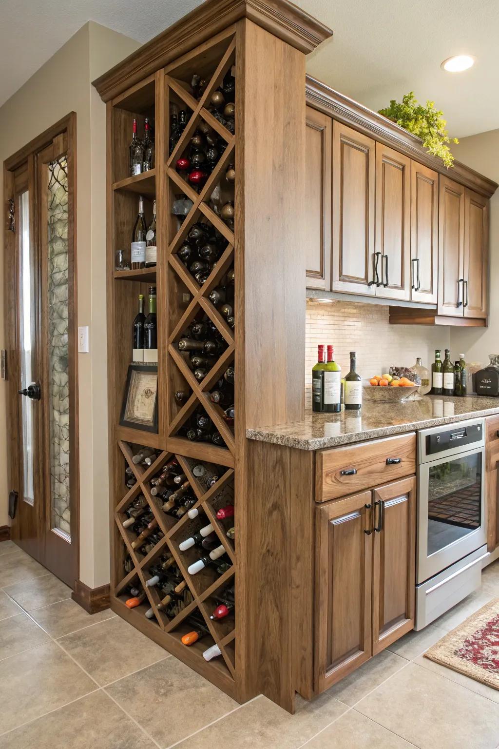 A stylish wine display adds sophistication to kitchen corners.