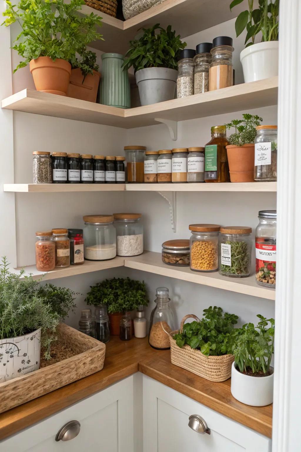 Green plants inside a corner pantry to make it feel fresh.