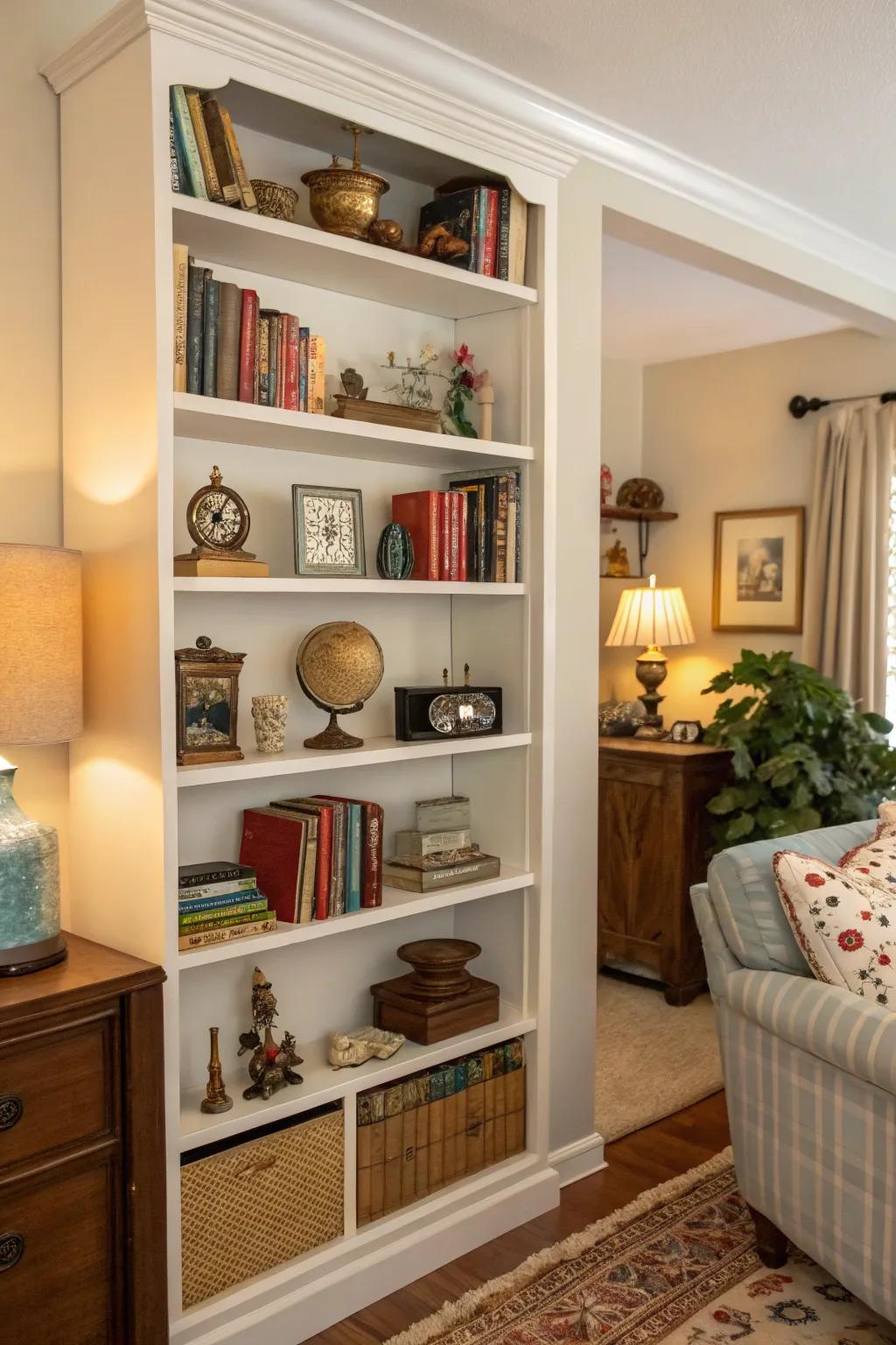 Corner shelves showcasing collectibles.