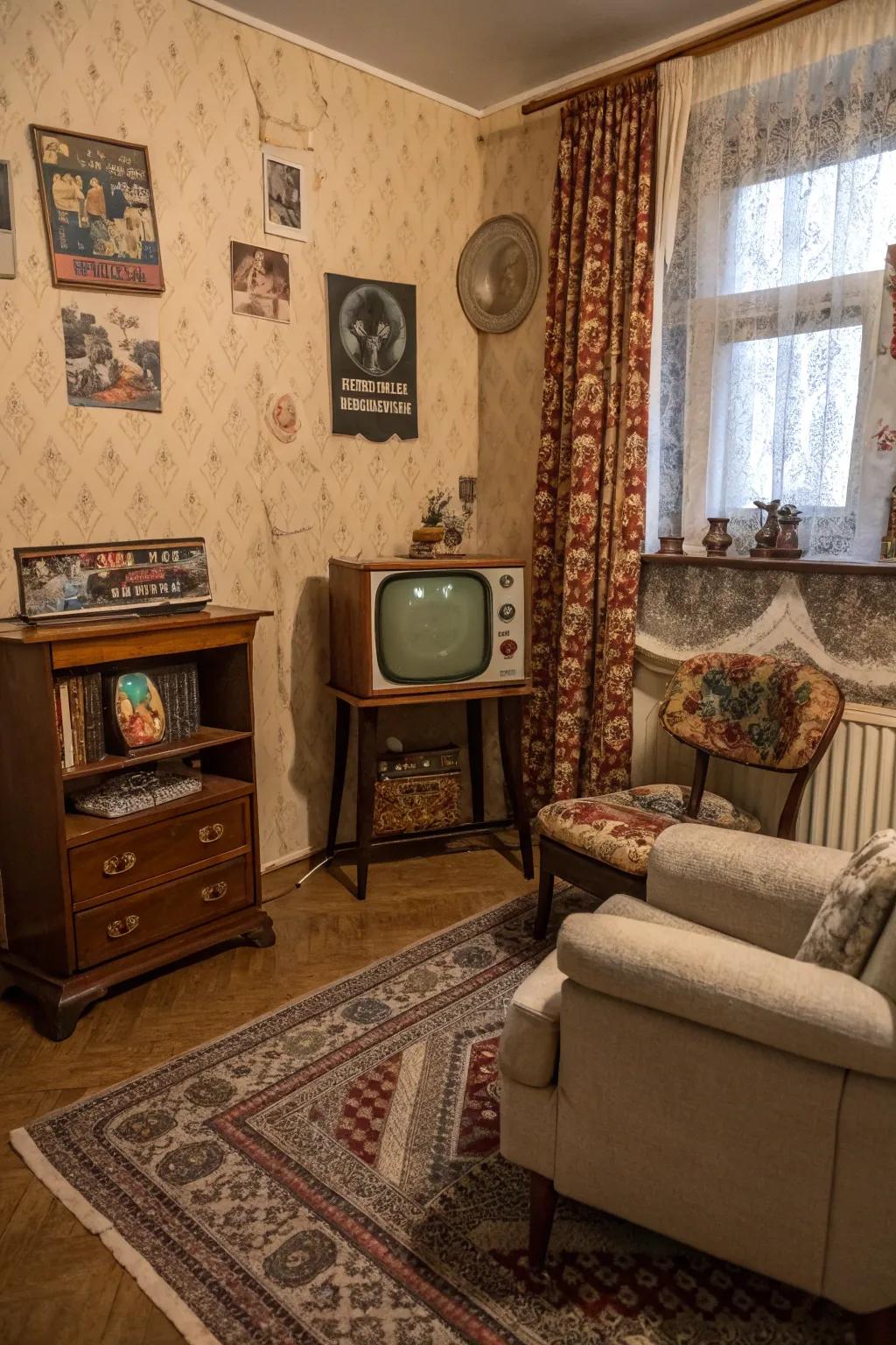 Vintage vibes lend a charming, eclectic feel to the corner TV space.