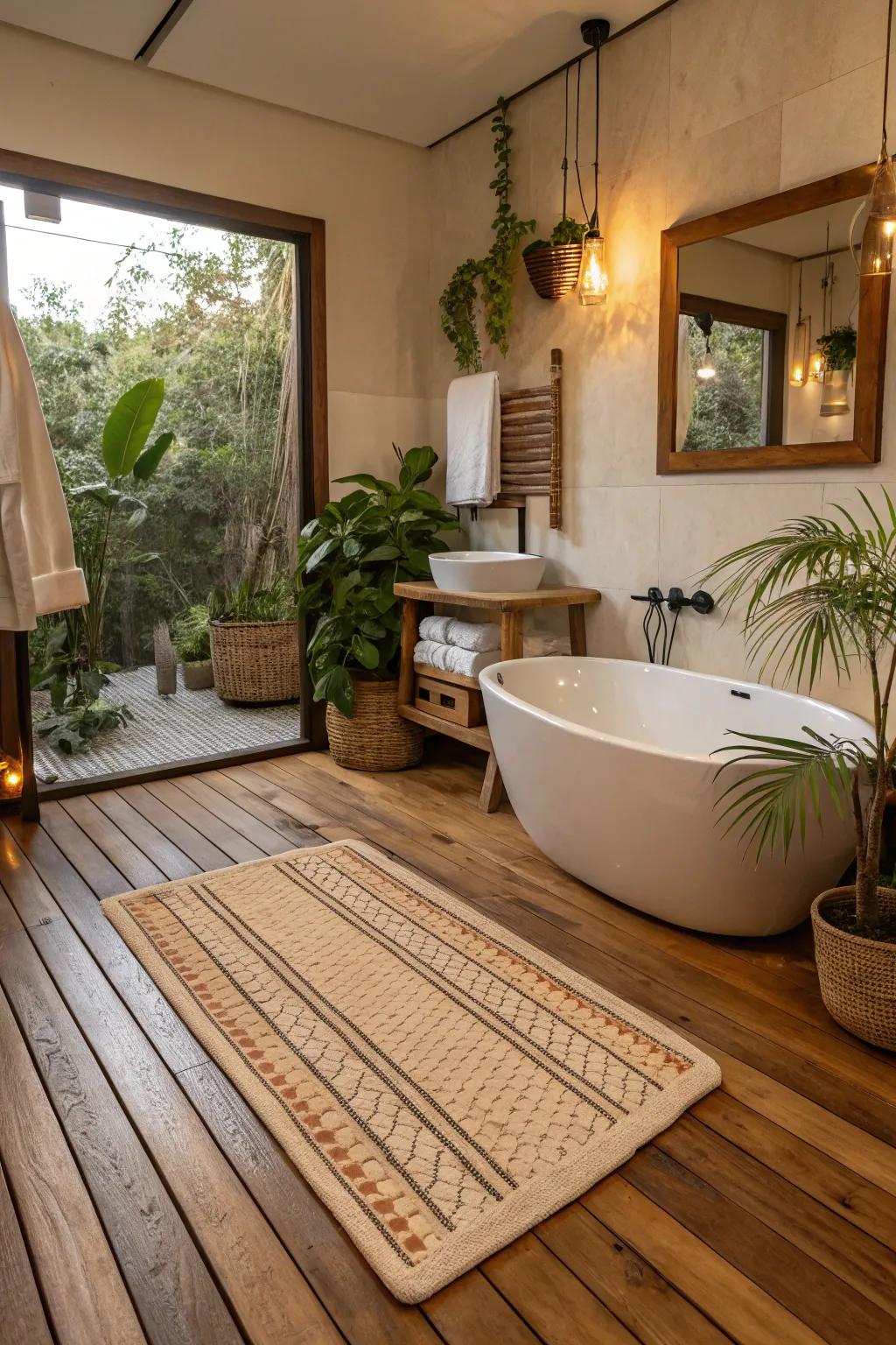 A comfortable heated floor enhancing a cottage bathroom