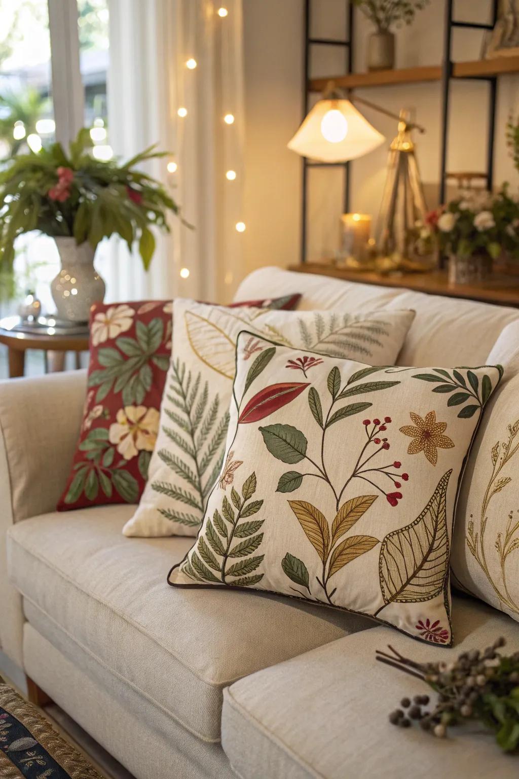 Natural motif cushions fashion an association to the outdoors.