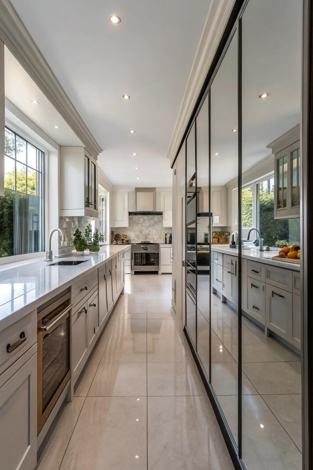 Mirrored end caps enhance the light and space in this kitchen.