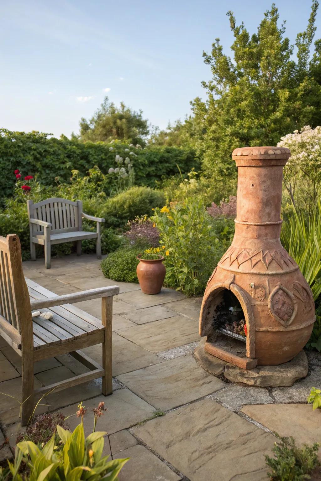 A nature-inspired chiminea delivers warmth and a traditional touch to your backyard.