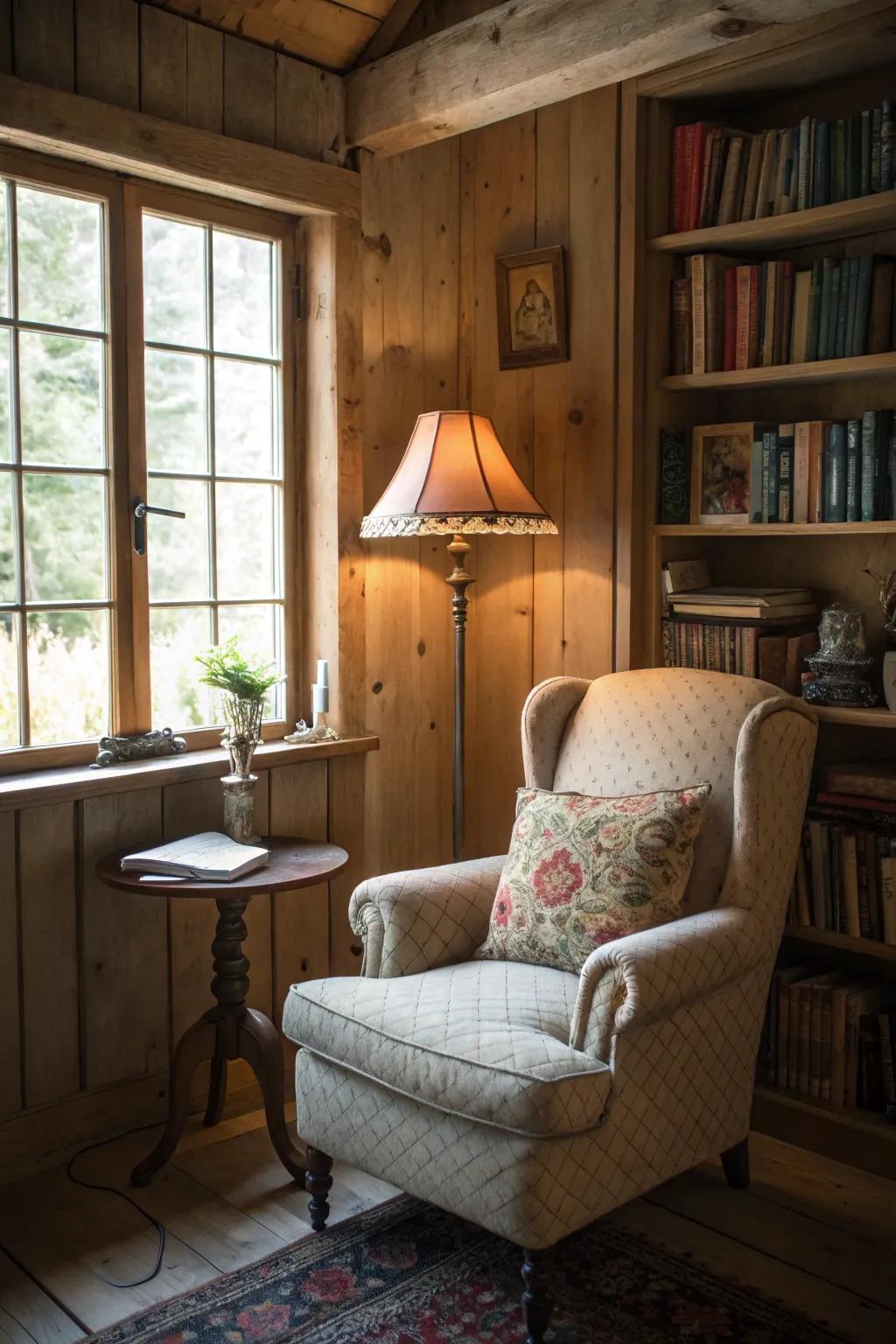 A cozy reading nook in a country cottage setting.