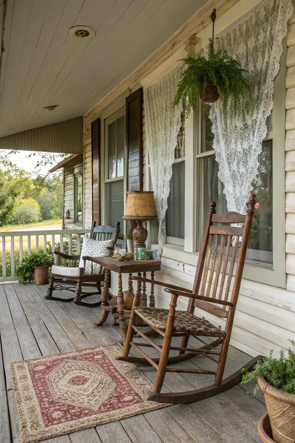 Antique furniture adds elegance and nostalgia to the porch.