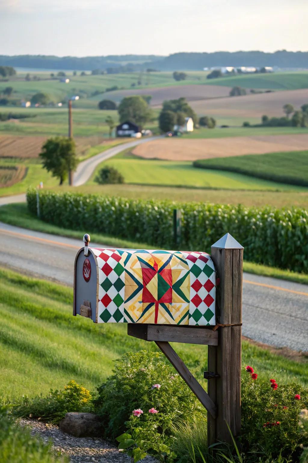A barn quilt mailbox adds a splash of folk art to the landscape.