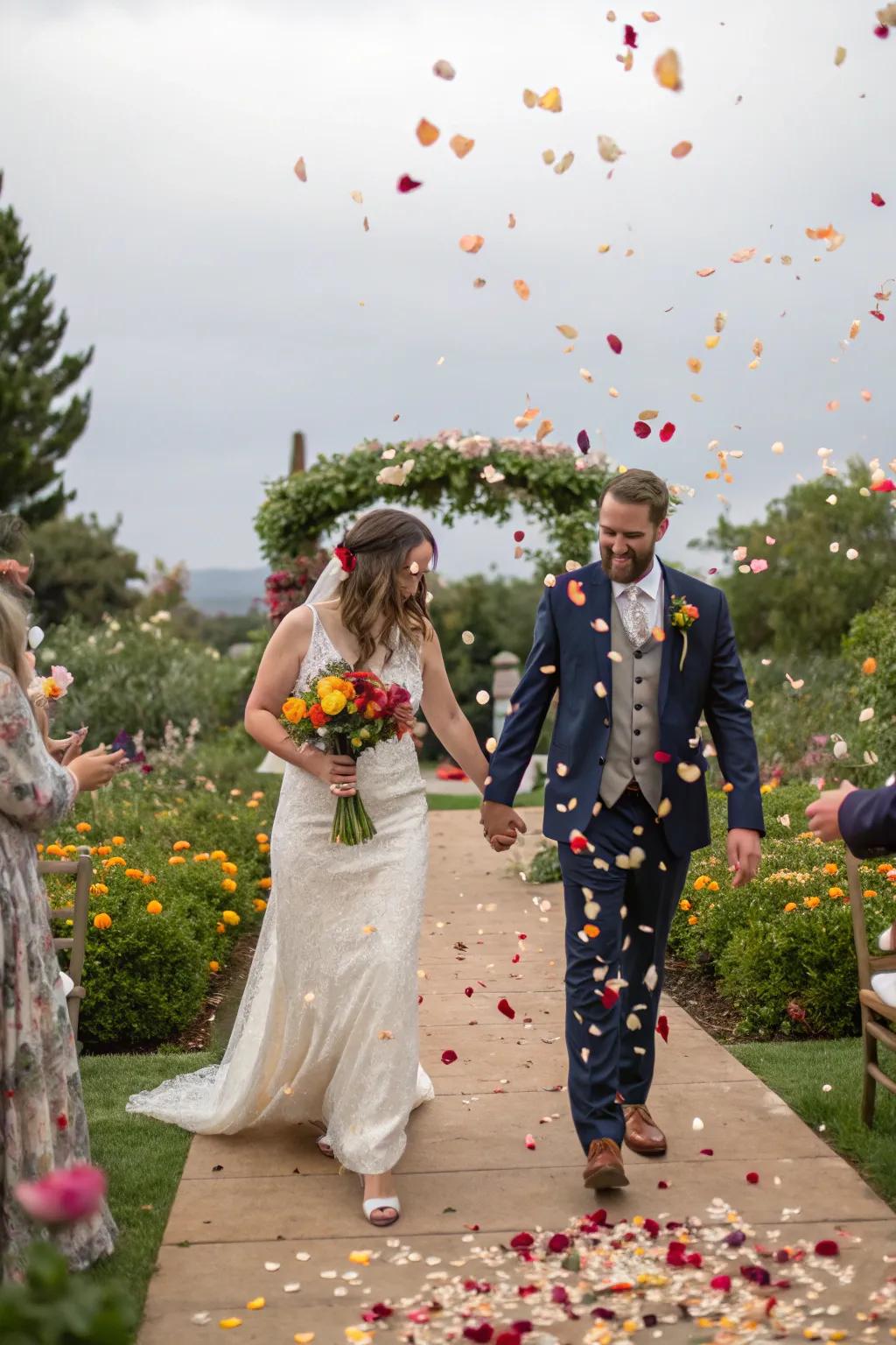 A sentimental wedding departure with eco-conscious confetti made from dried blossom petals.