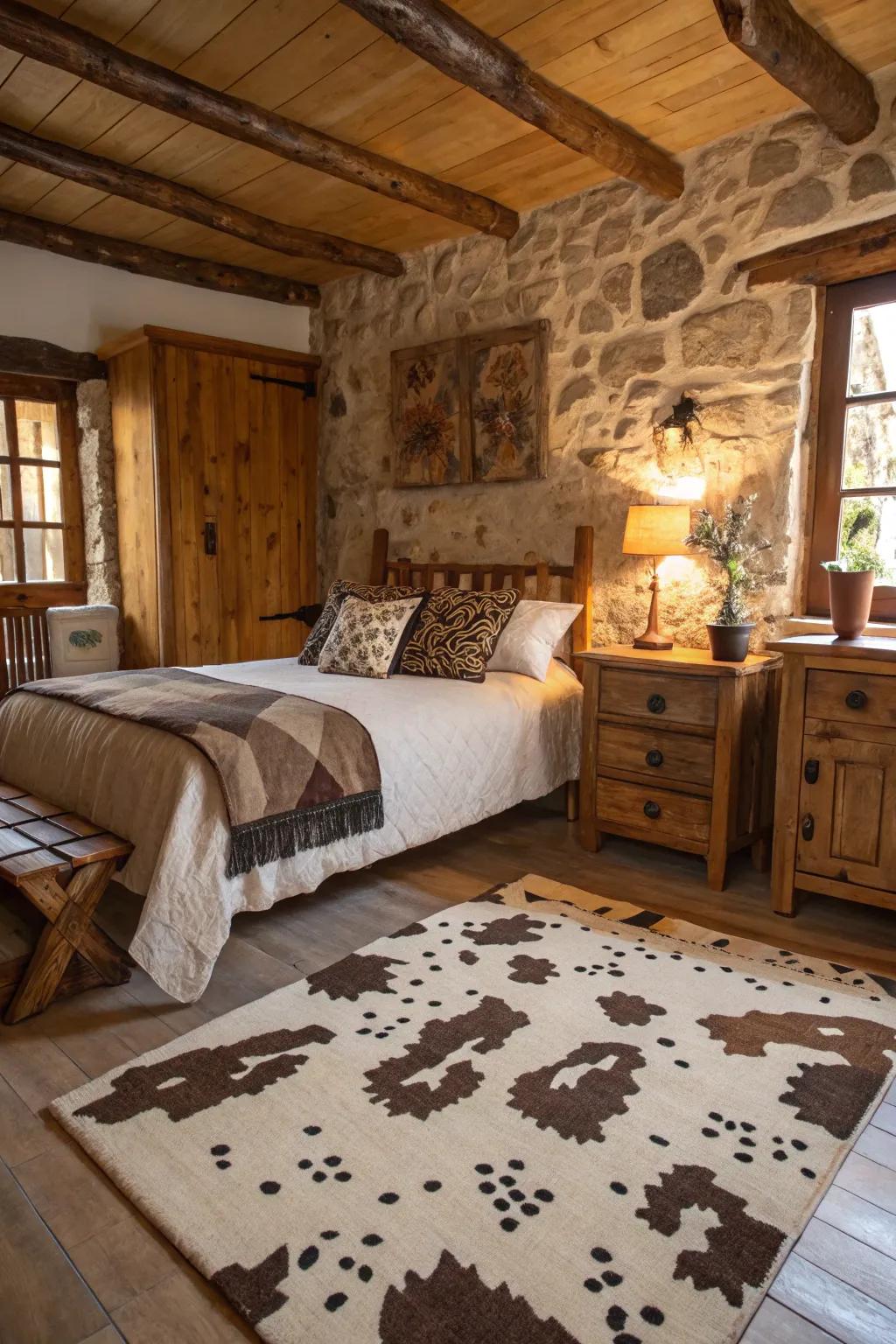Cow print and natural materials originate a warm, rustic charm.