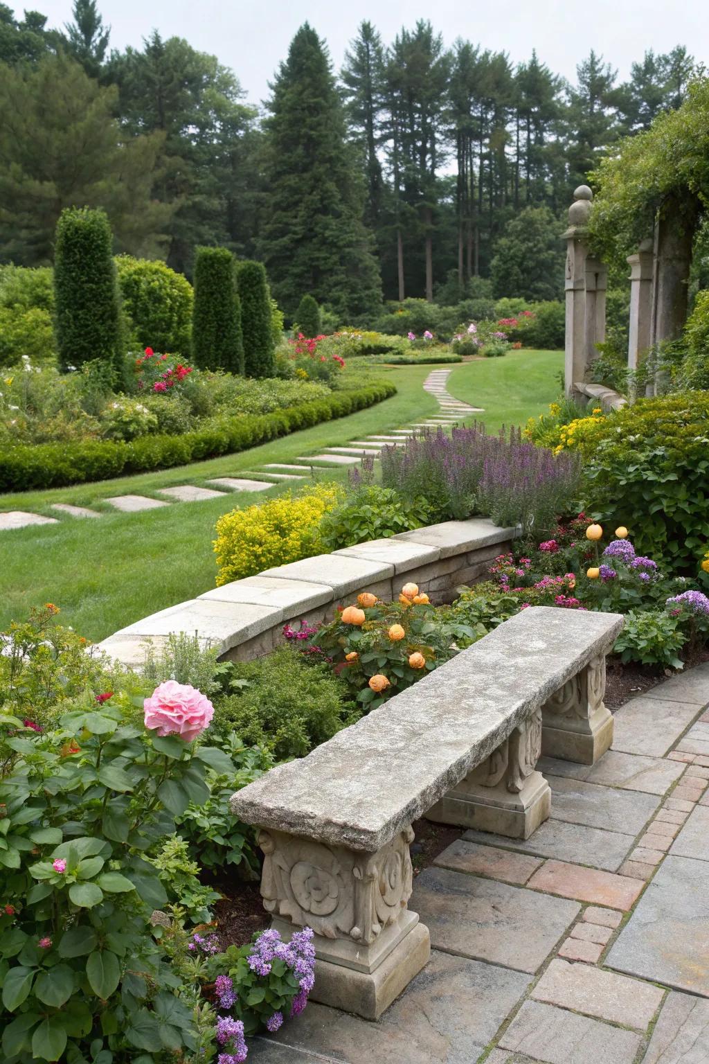 Fixed benches offer practical and stylish seating.