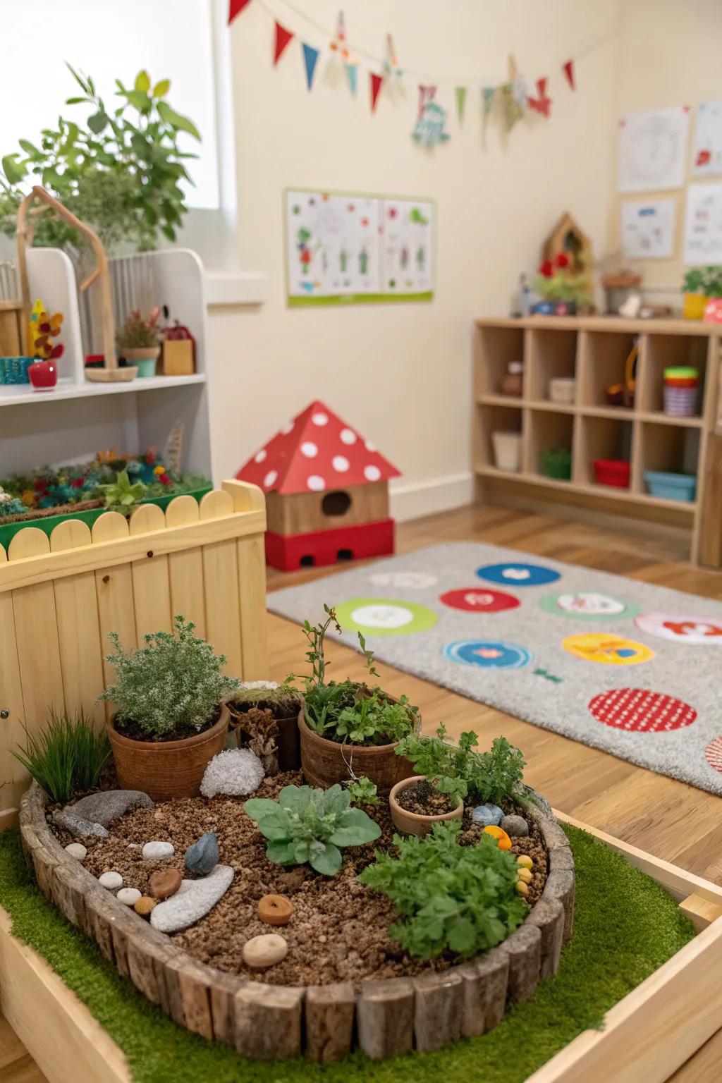 A miniature garden setup sparks imagination and curiosity.