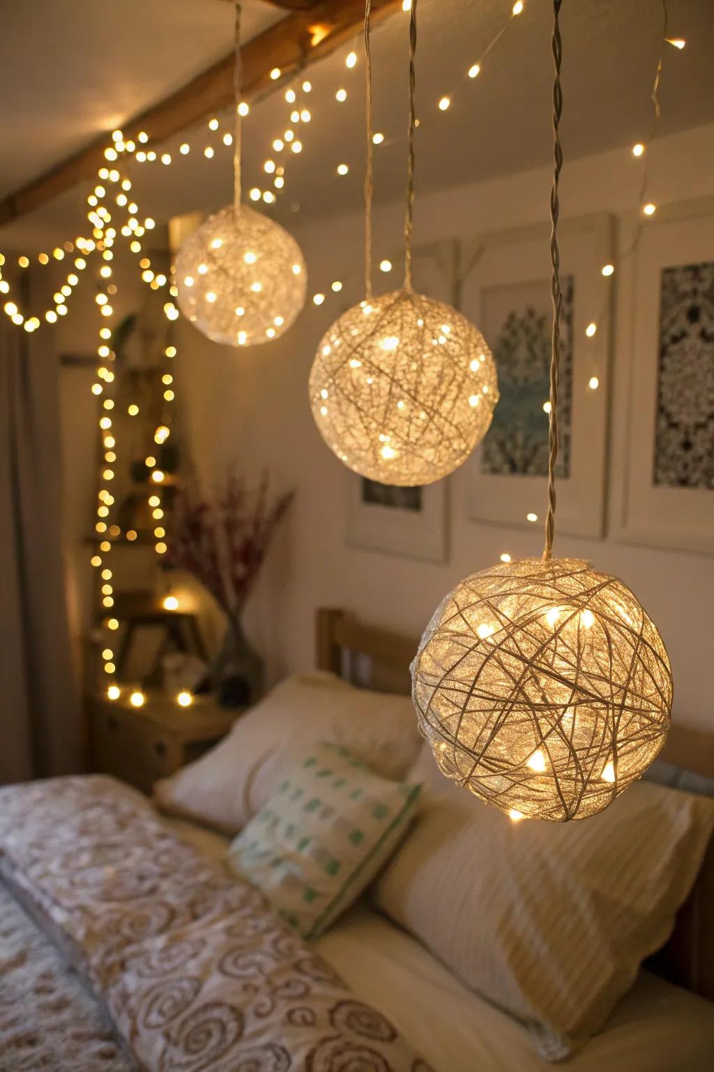 Suspended spheres composed of twinkle lights within a bedroom.