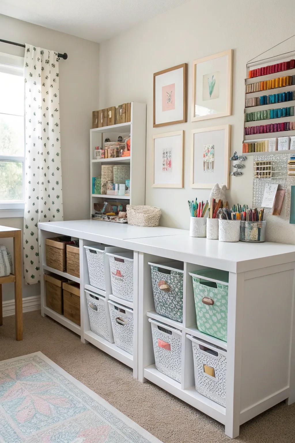 Under-table storage maximizes space without adding clutter.