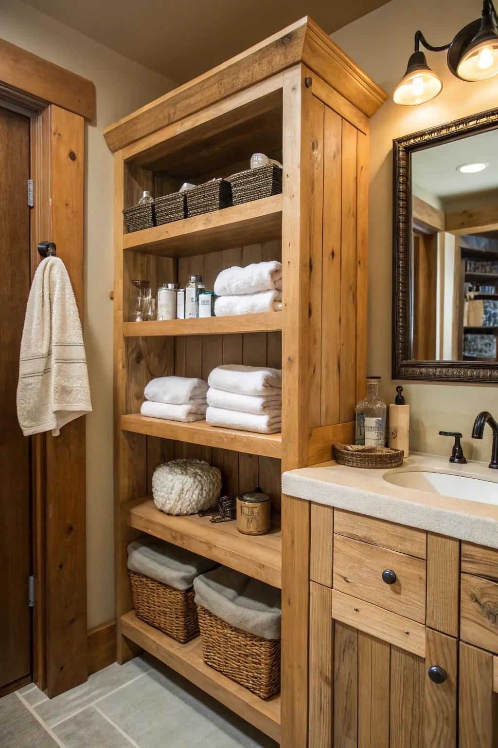 In-wall shelving offering practical storage in the craftsman bathroom.