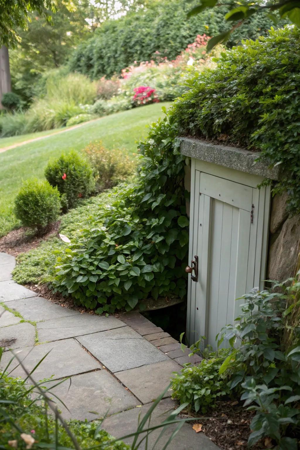 Camouflaging with plants makes your crawl space door blend into the garden.