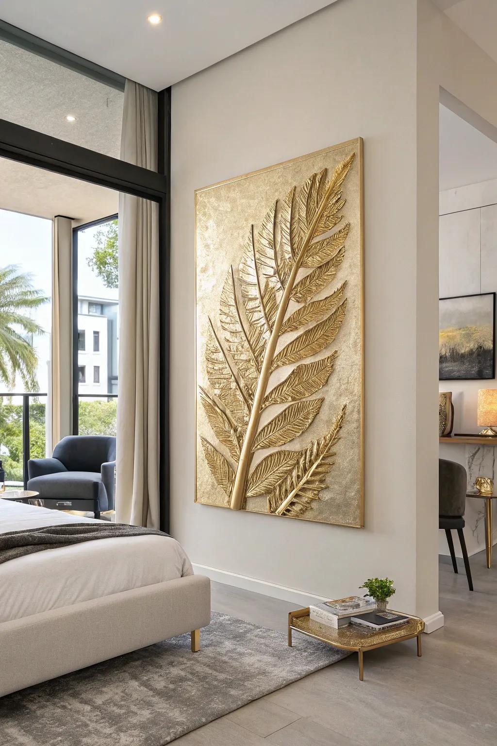 Gilded leaf artwork includes a modern and luxurious touch towards the interior.