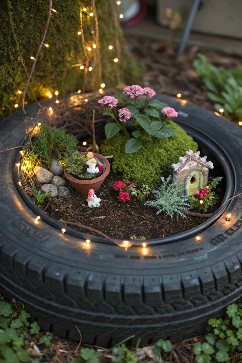 Magical enchanted garden fashioned within a tire.