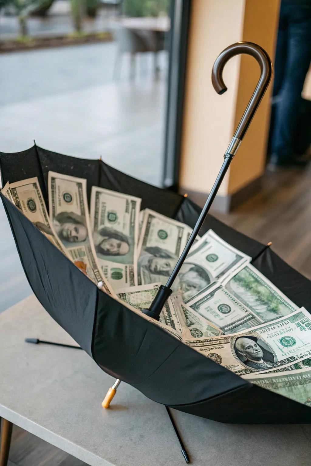 A parasol that 'rains' funds for a unique shock.