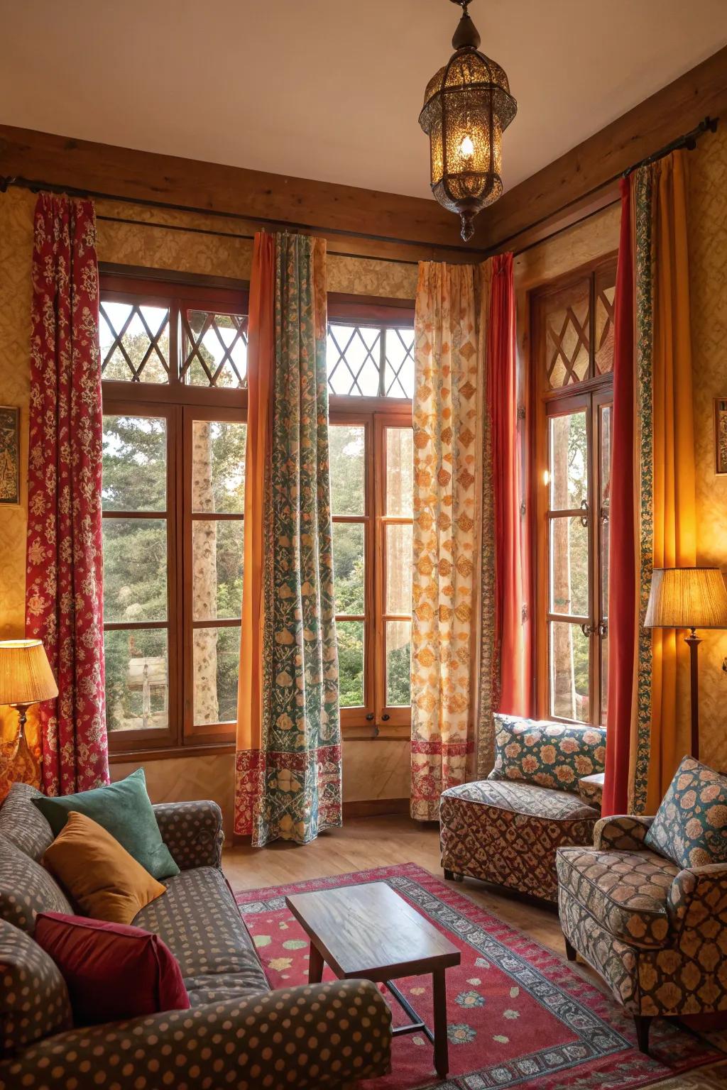 Patterns add character and break monotony in large window treatments.