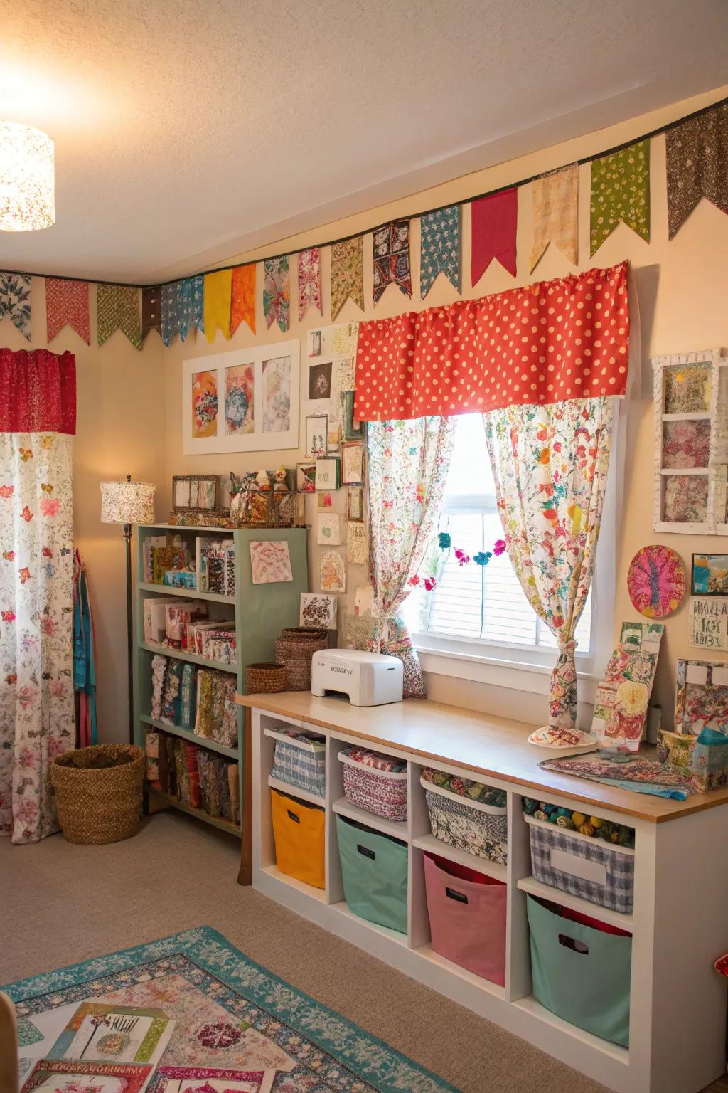 Showcase creativity with patchwork valances in your craft room.