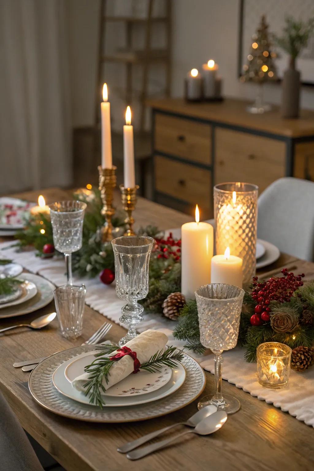 A candlelit dinner setting adds warmth and romance to the holidays.