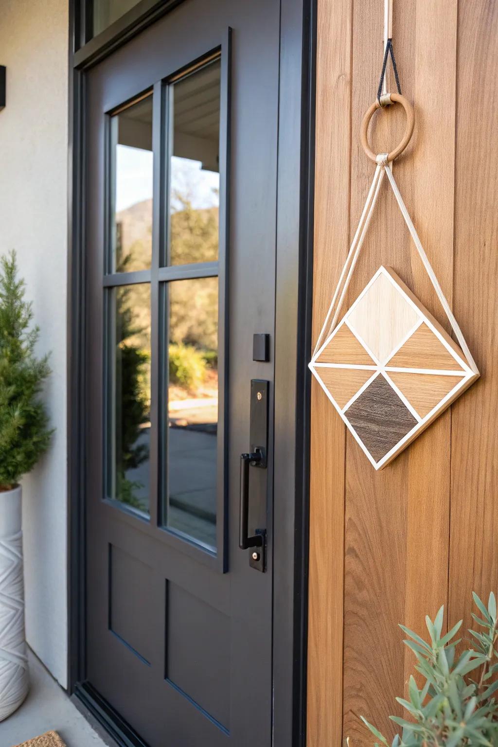 A geometric timber door decoration that adds artistic flair.