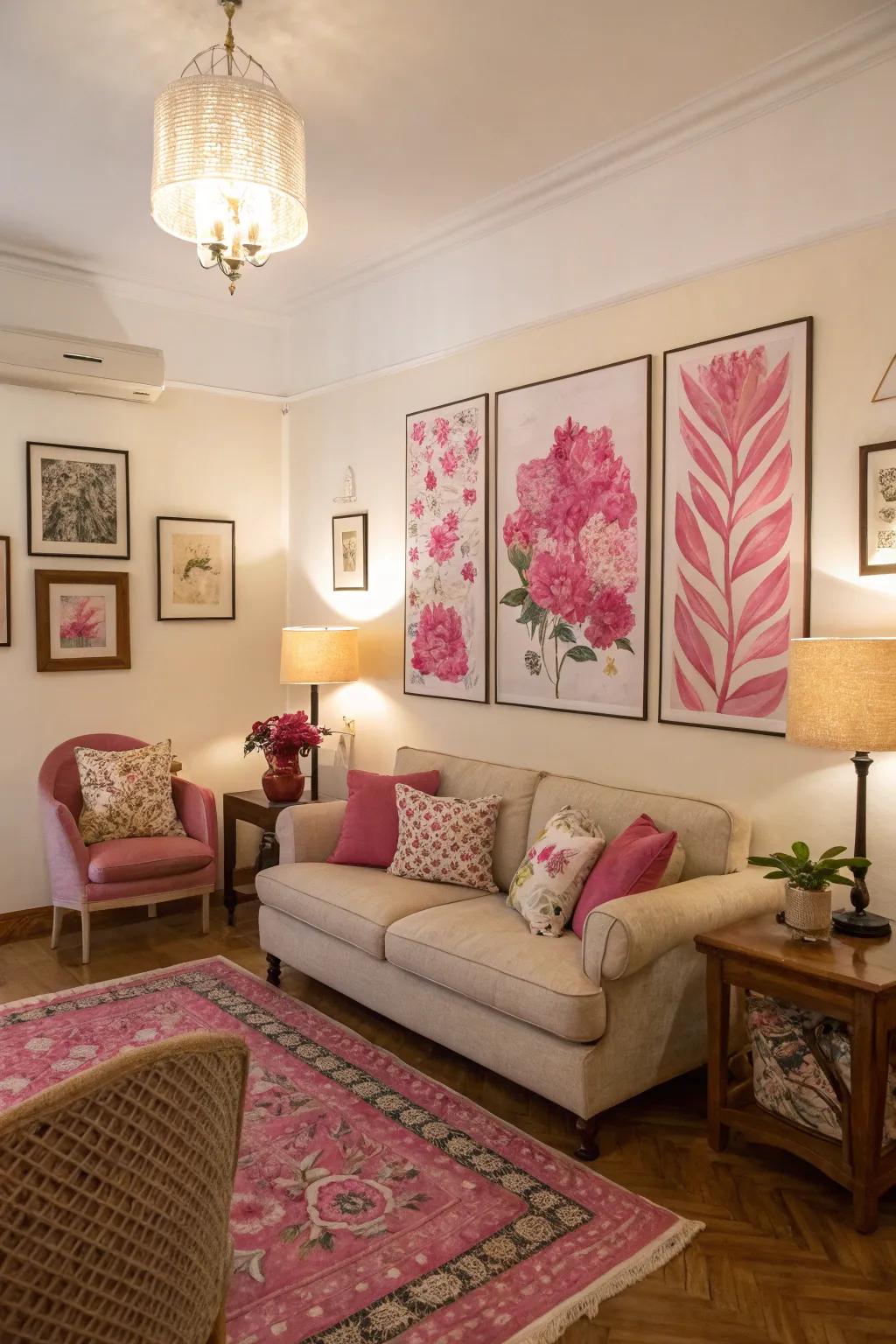 Roseate artwork adds individuality and character to the room.