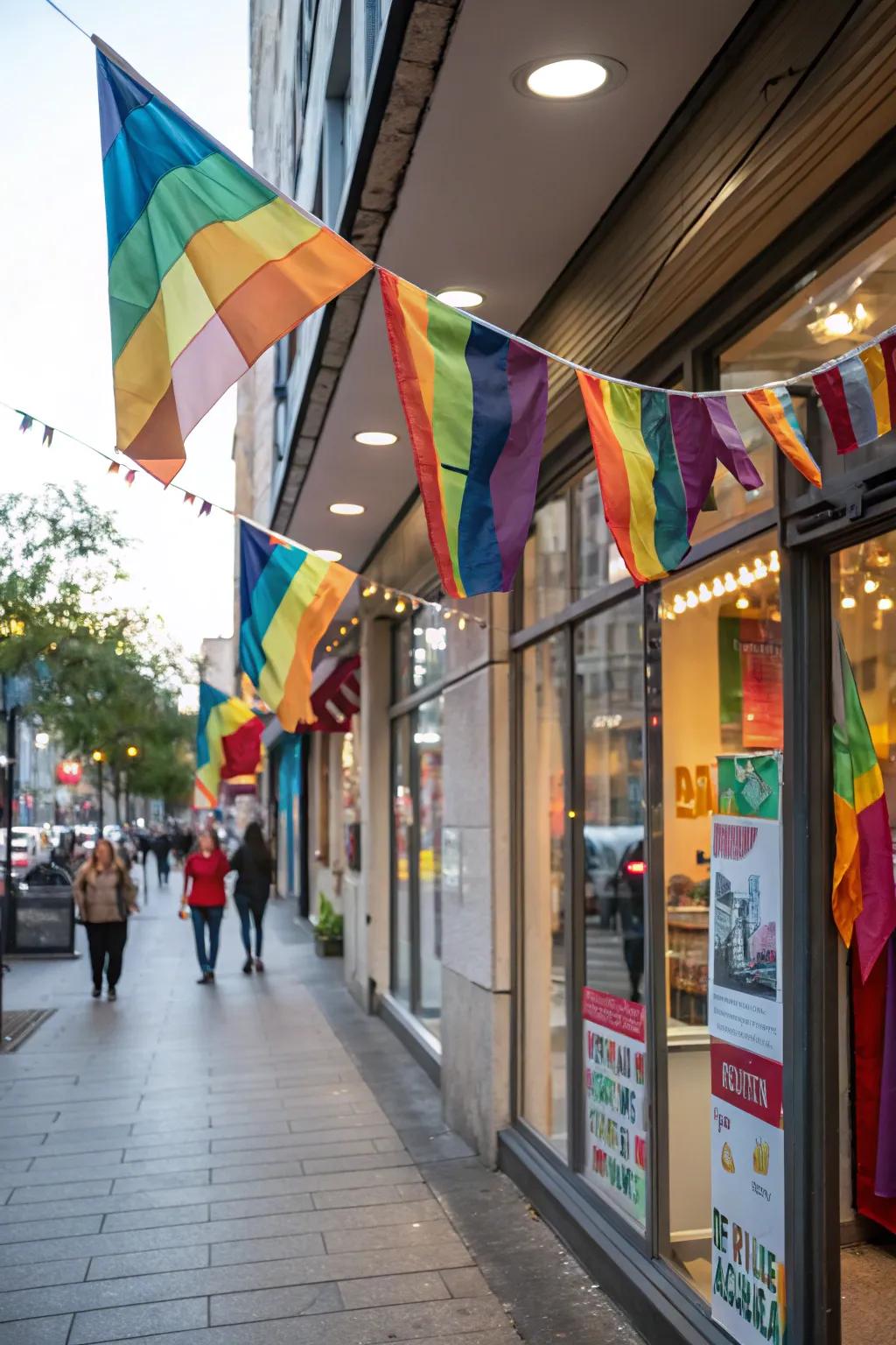 A storefront animated by colorful banners and flags, adding a dynamic touch.