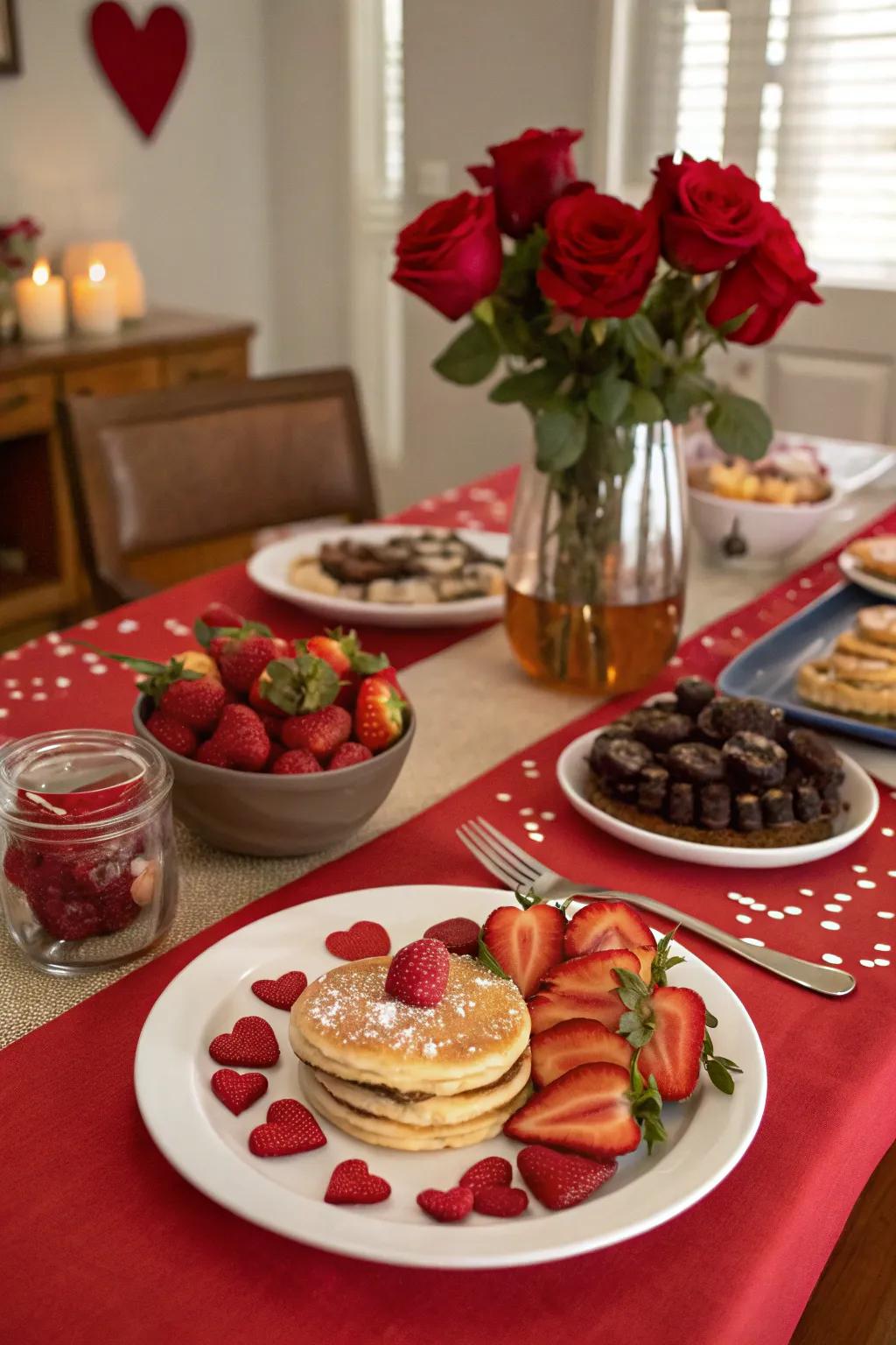 A celebratory Valentine's morning meal arrangement featuring delicious themed dishes.