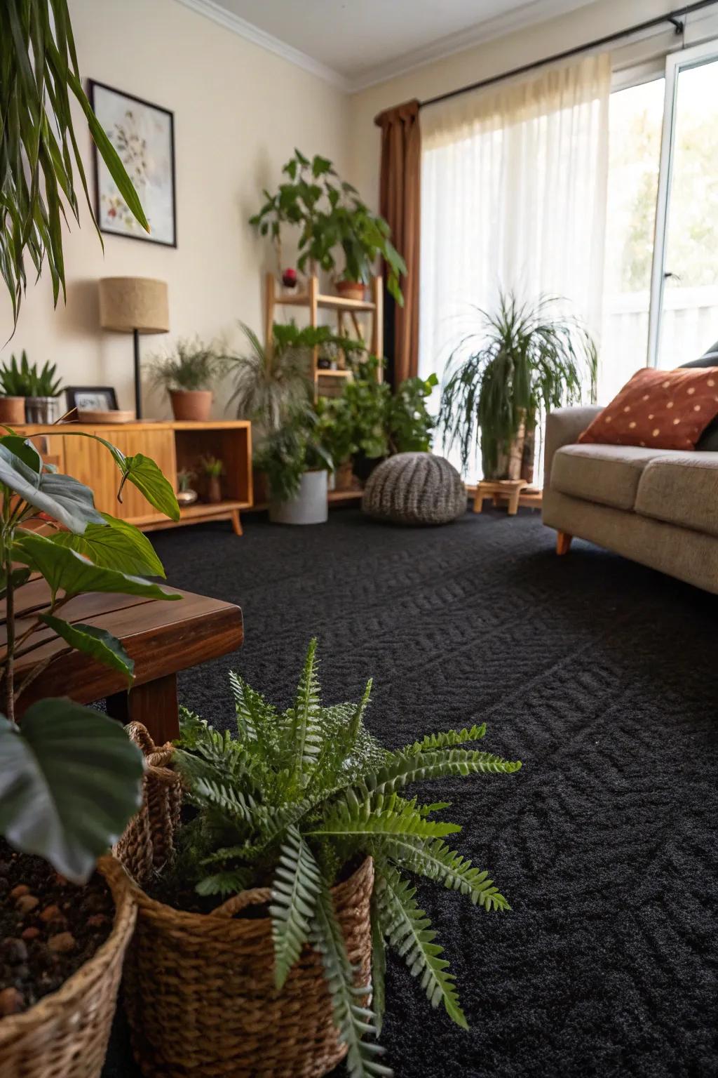 Indoor greenery adds vibrancy to a room with dark carpet.