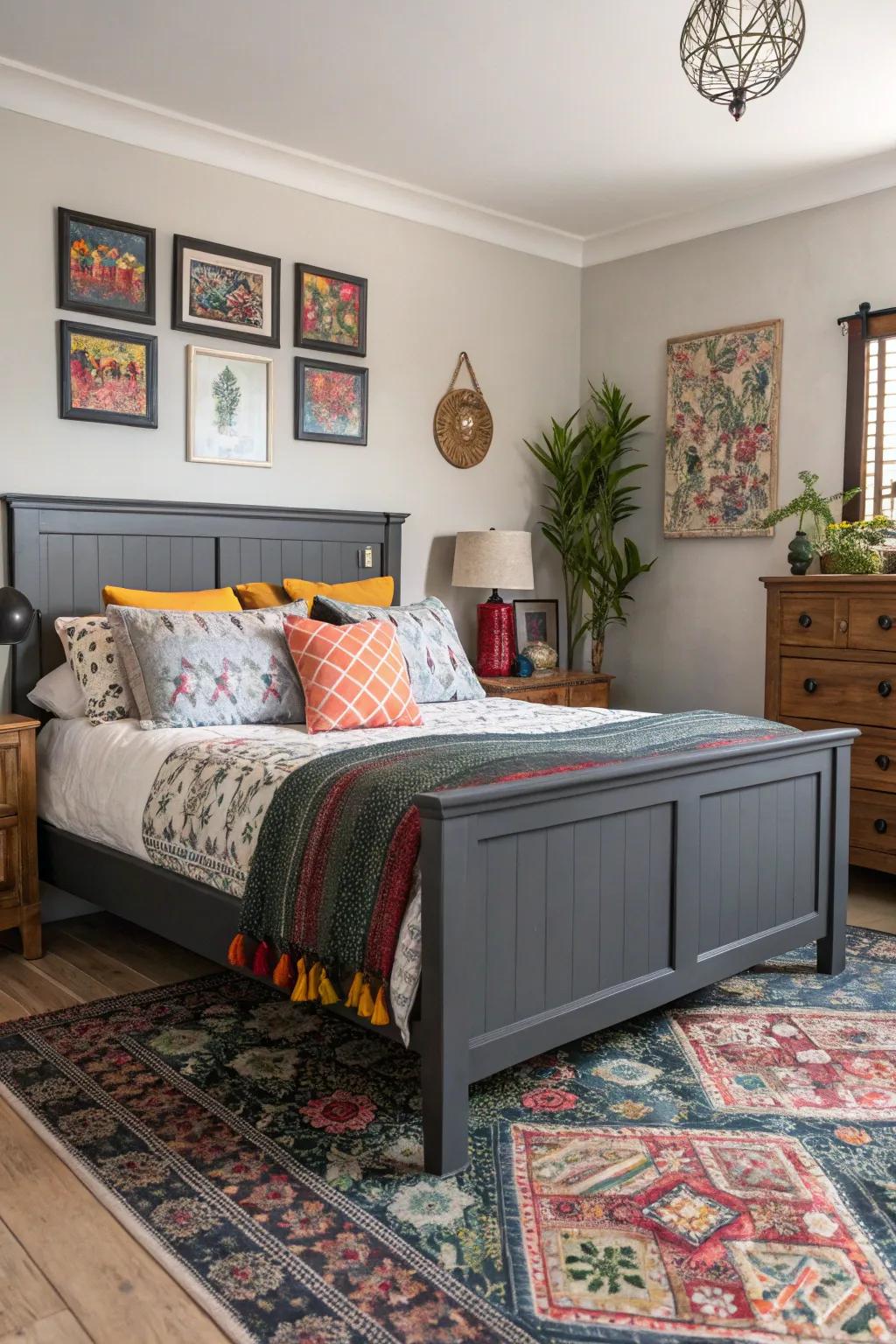 A gray-themed bedroom is given individuality by a varied mix of styles.