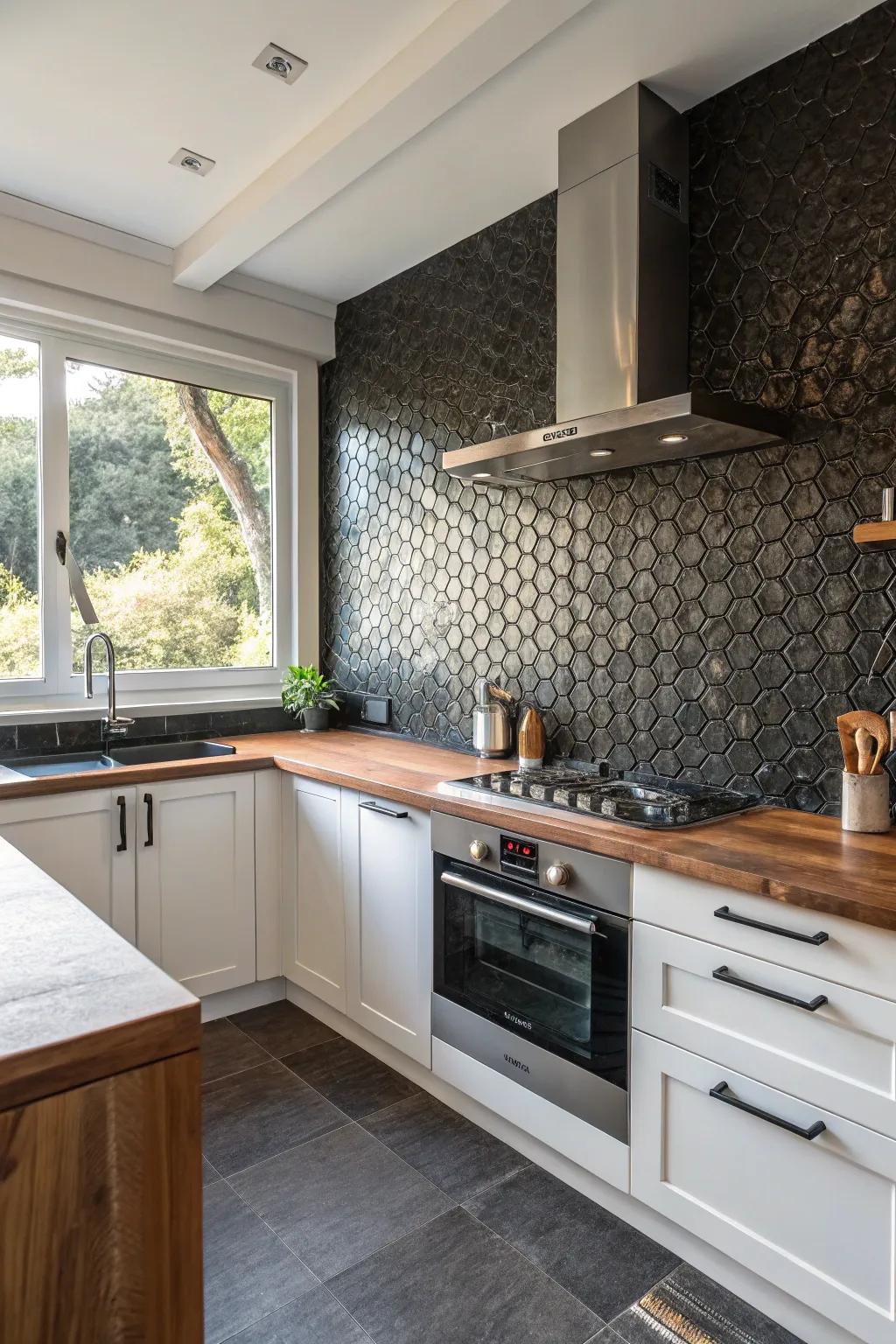 A kitchen featuring a textured dark tile backsplash that adds depth and warmth.