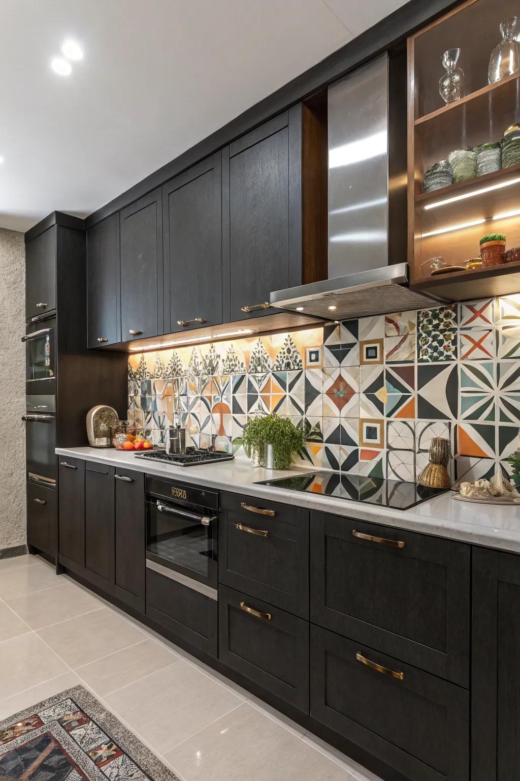 Geometric designs elevate and enhance deep-toned kitchen cabinets.