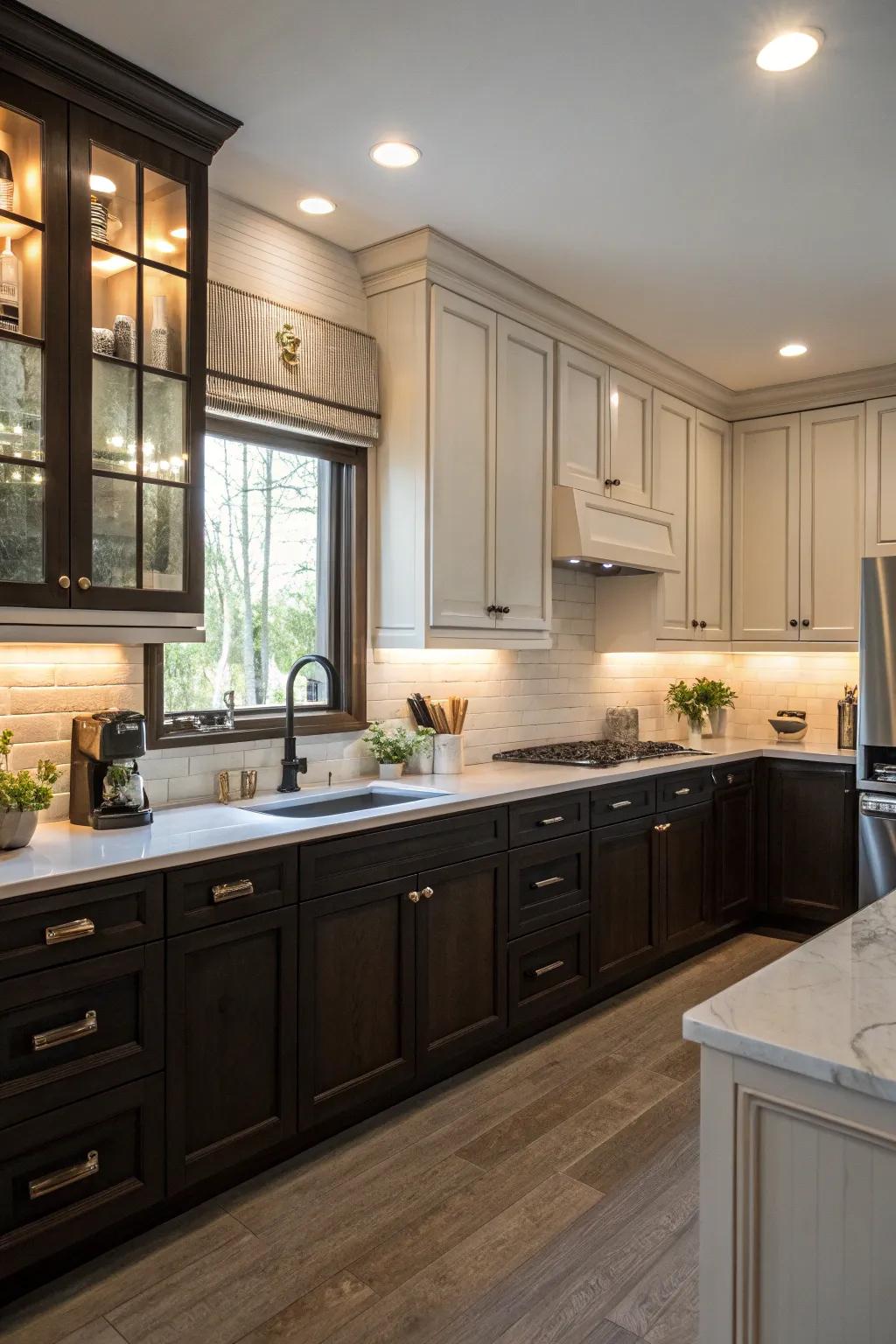 Two-tone cabinetry adds contrast and dimension to the kitchen.