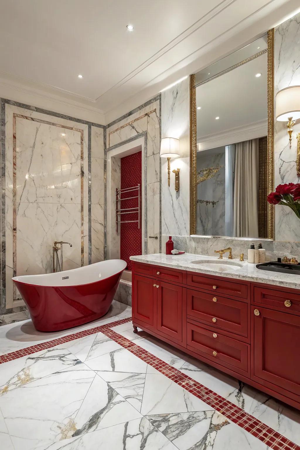 Red and marble combine for a luxurious and timeless bathroom.