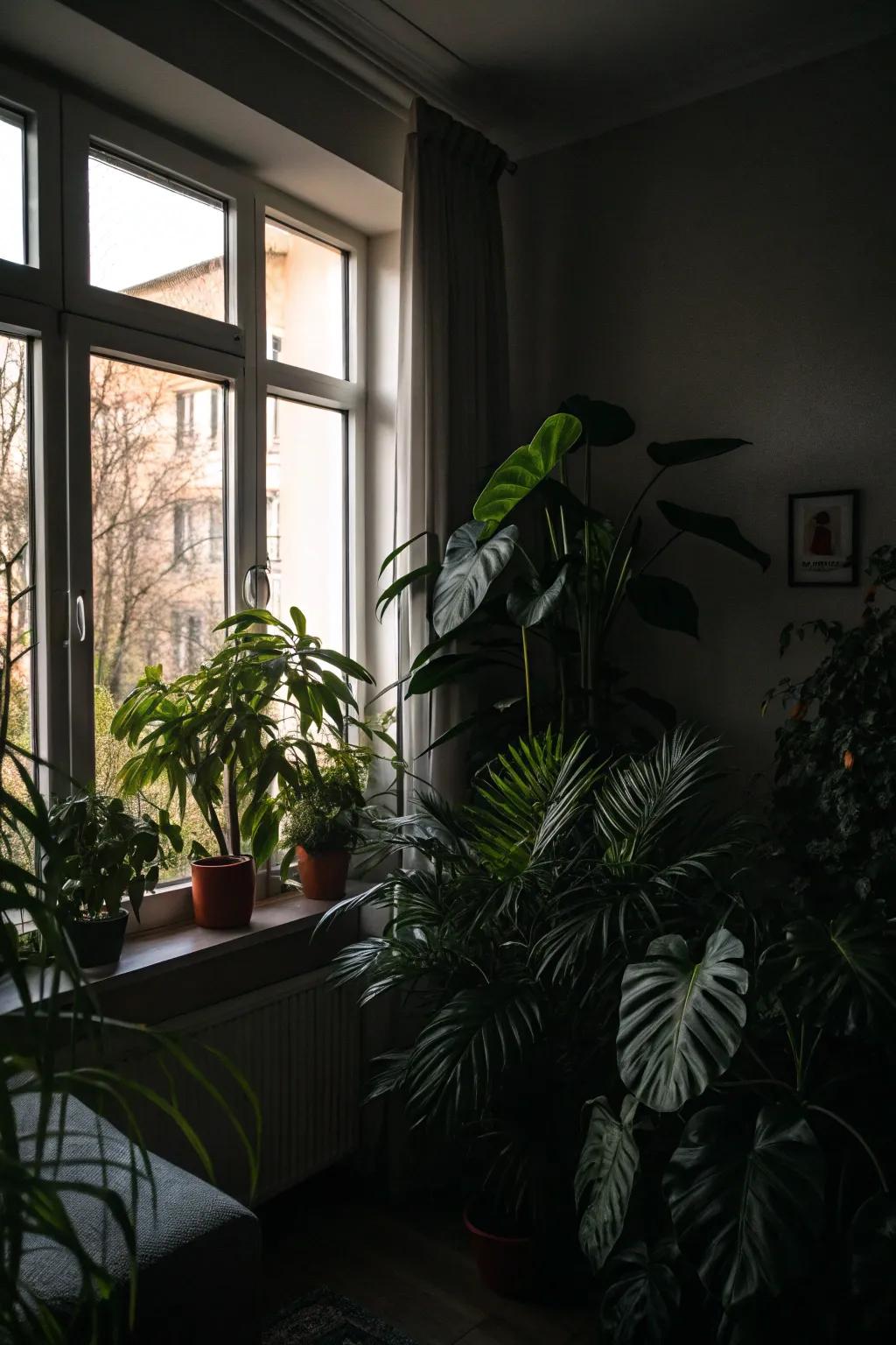 A dark room with plants near the window.