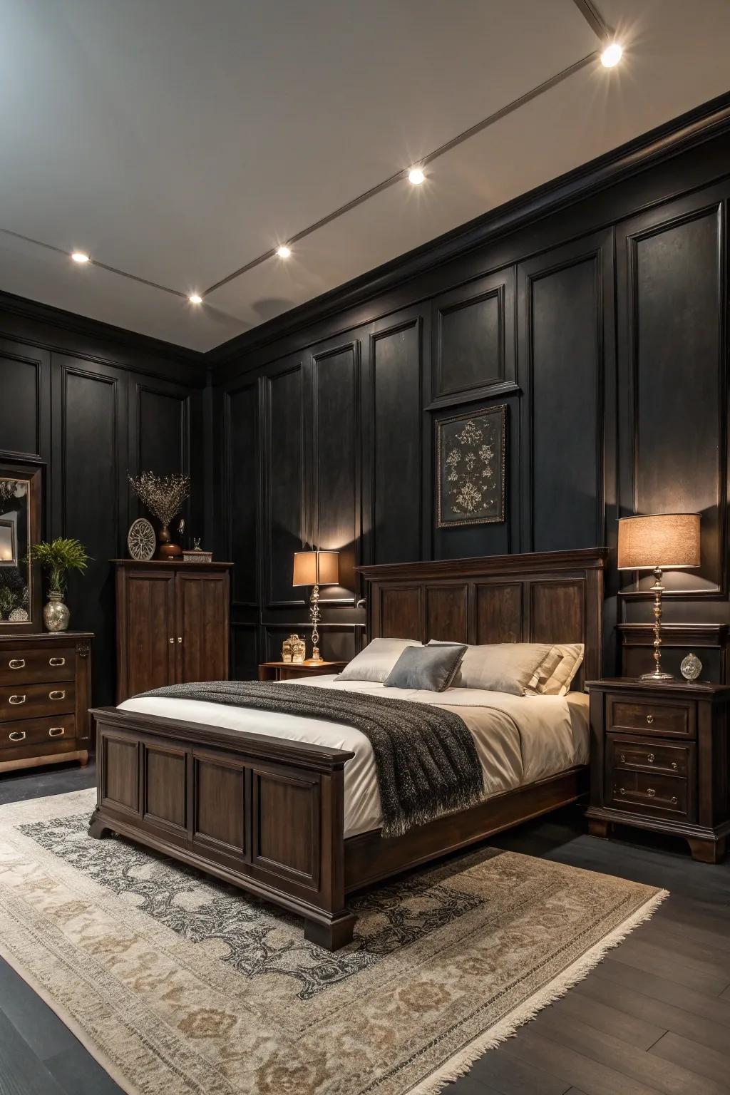 Dark walls create a bold statement with deep-toned wood.