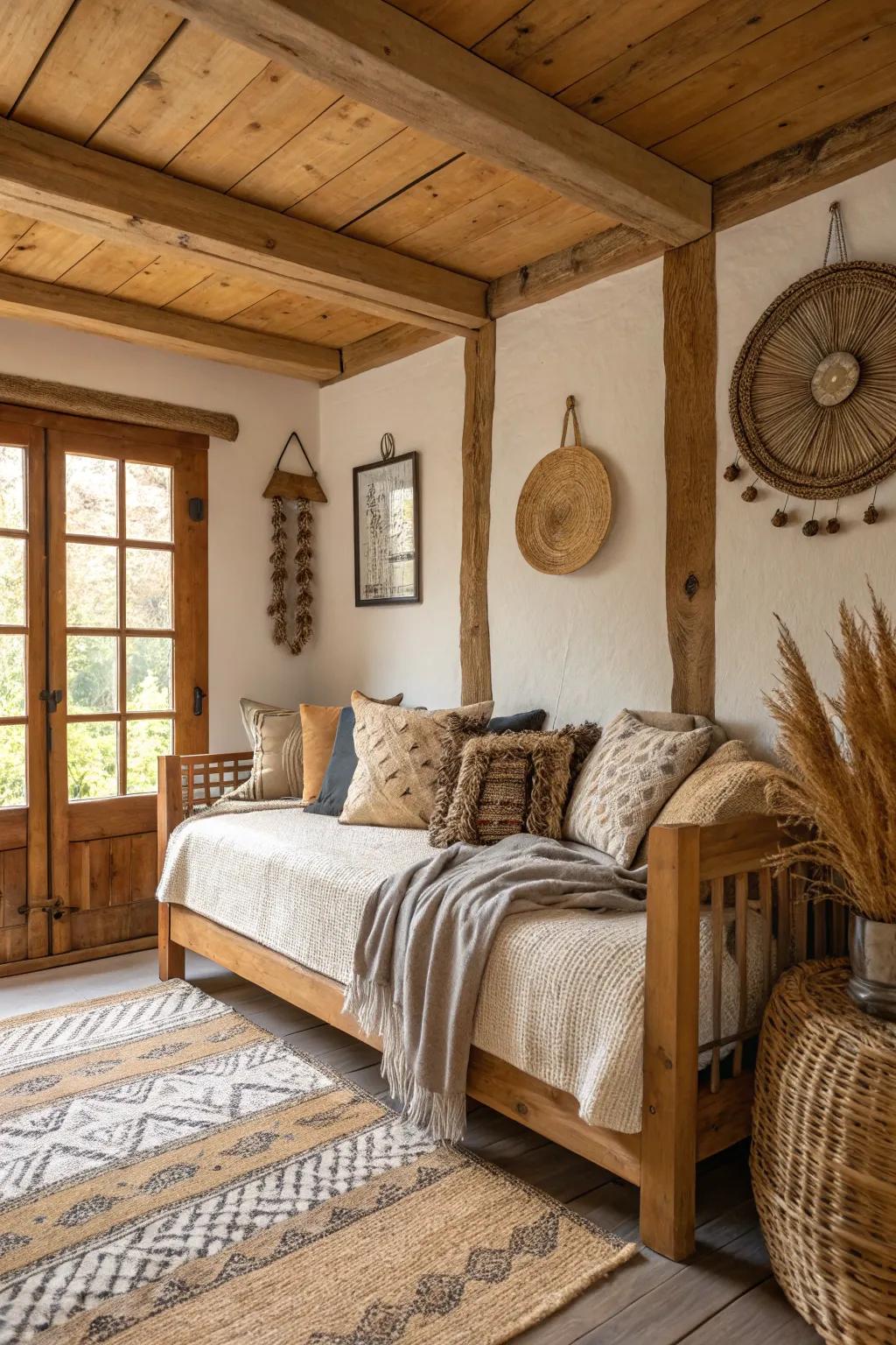 A rustic daybed arrangement that embraces organic materials and simple elegance.
