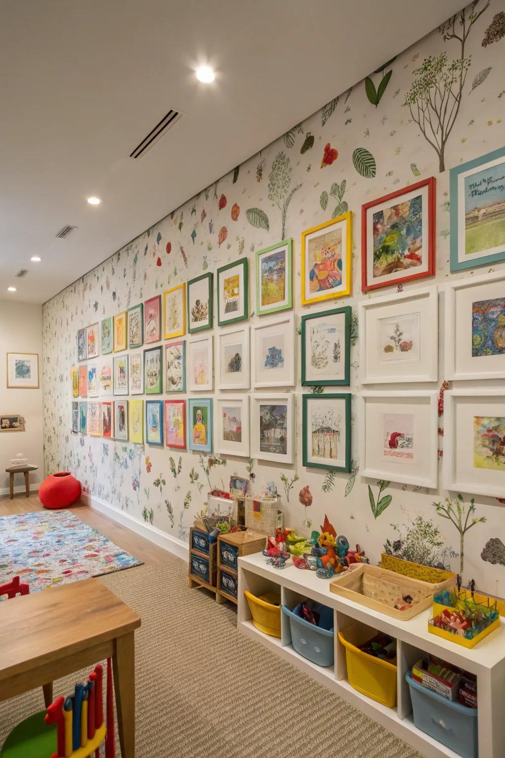 A daycare area inspiring creativity with artistic-themed wallpaper.