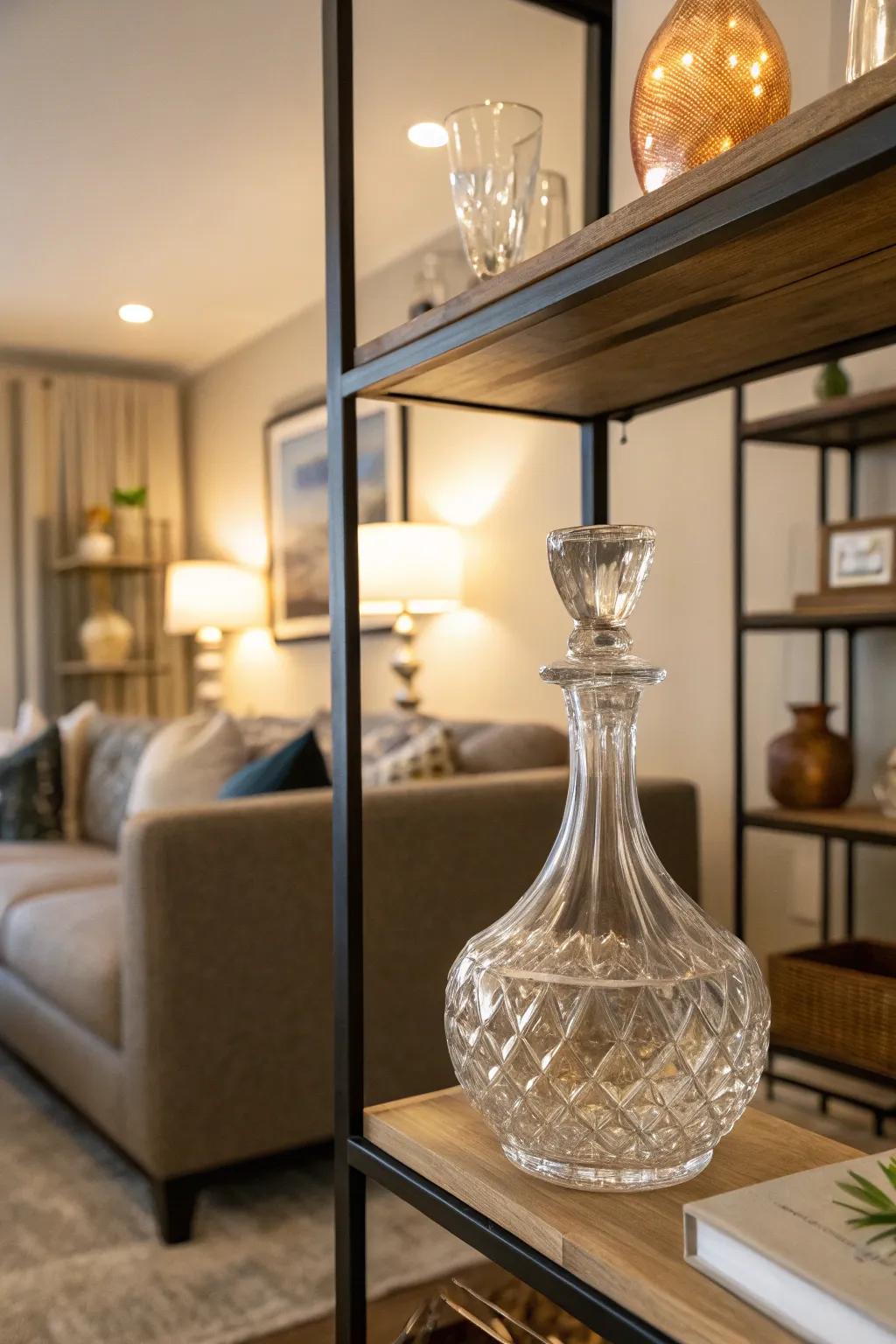 A uniquely shaped vessel serving as an art piece on a shelf.